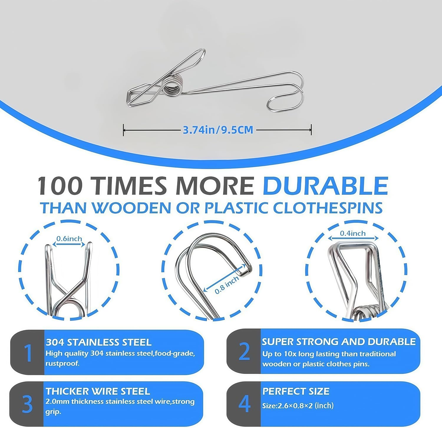 30 Pcs Clothes Pegs，3.74In Stainless Steel Metal Long Tail Clip with Hooks, Durable Hanging Clips，Heavy Duty Multifunctional Hangers Use for Display Storage Items(30 PCS) image number 2