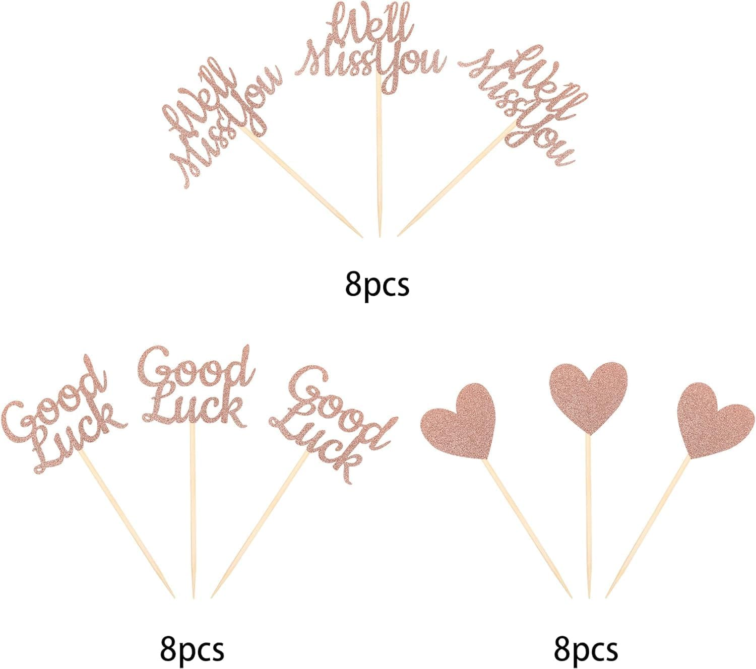 24 Pack We Will Miss You Cupcake Toppers Glitter Red Love Heart Good Luck Cupcake Picks Retirement Theme Going Away Party Cake Decorations (Rose Gold) image number 3