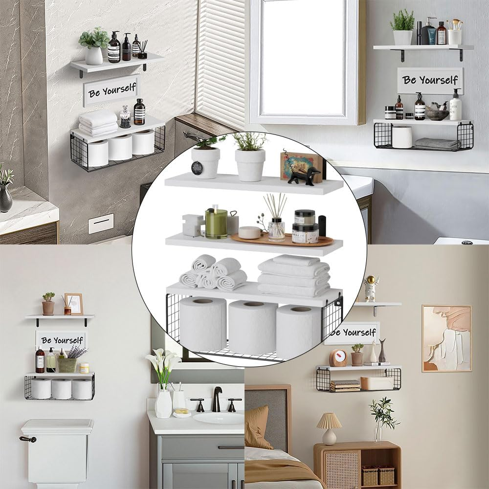 Wall Mounted Bathroom Shelf over Toilet with Storage Basket White Floating Shelves for Bathroom Kitchen Bedroom