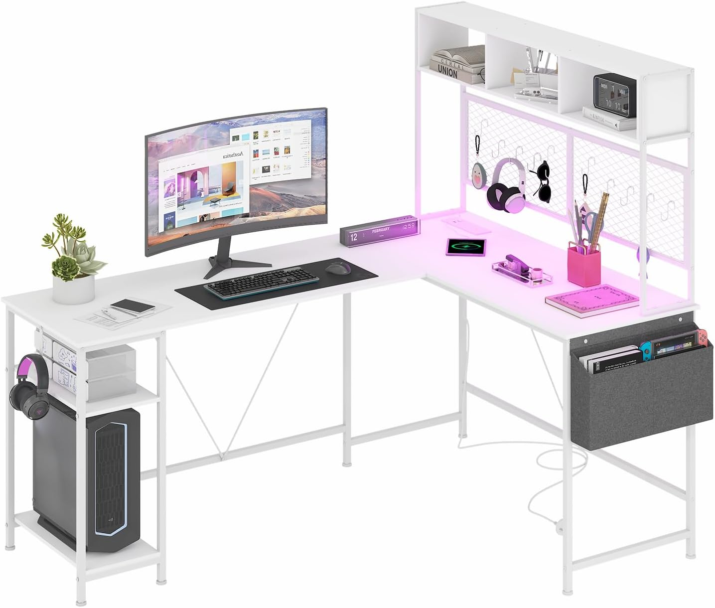 Advwin 170Cm L Shaped Gaming Desk with LED Lights & Power Outlets Reversible Computer Desk with Storage Shelf Corner Desk 2 Person Gaming Table with Pegboard and Storage Shelves White