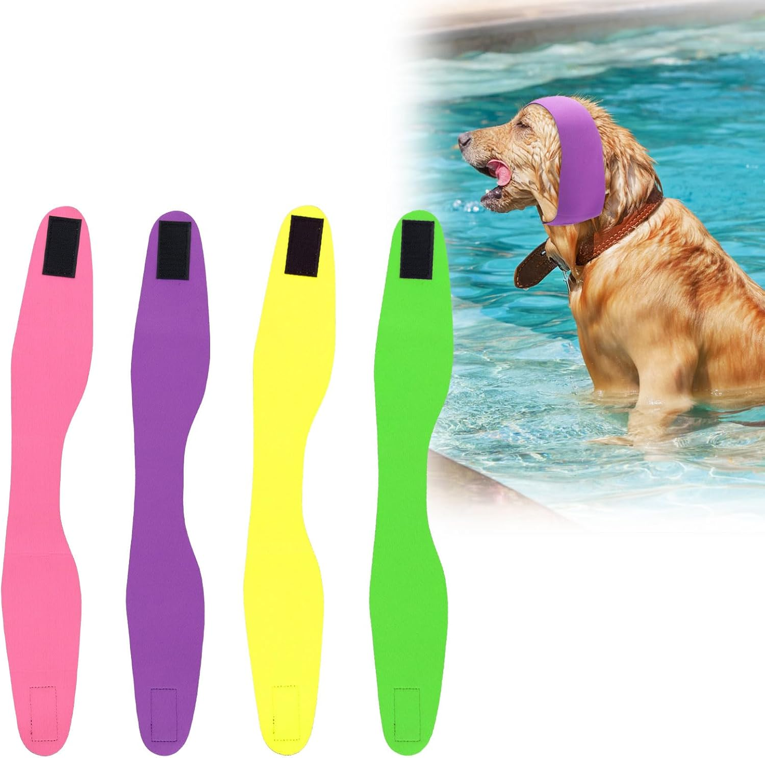Pack of 4 Swimming Caps for Dogs, Waterproof Tube Scarf Bathing Cap for Dogs without Ear Flaps, Pet Earmuffs, Swimming Accessories (Purple, Pink, Yellow, Fluorescent Green) image number 3