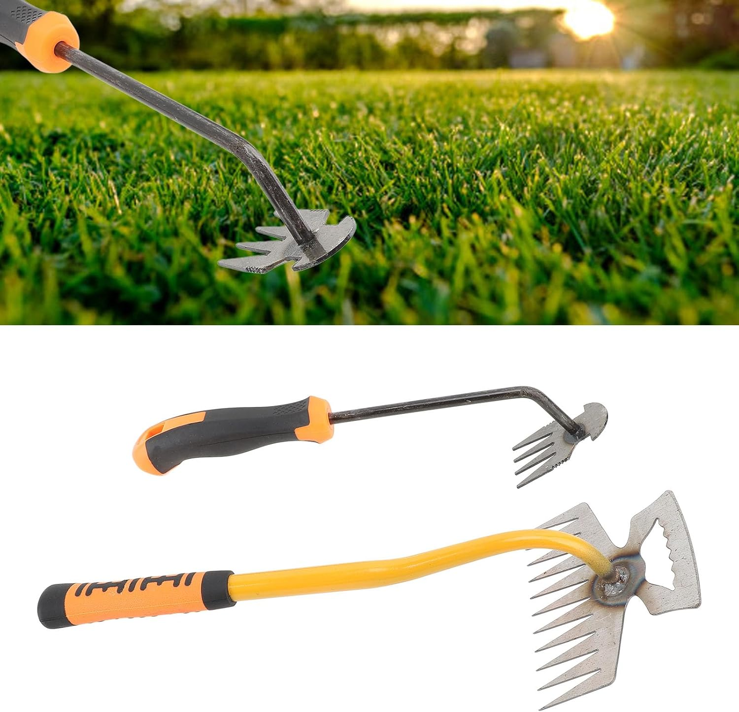 2 Pieces Garden Weeding Rake, Small Garden Rake Stainless Steel 4 Teeth 11 Teeth Rubber Handle, Backyard Loosening Farm Planting Weeding Ergonomic for Gardening Weeding Planting image number 4