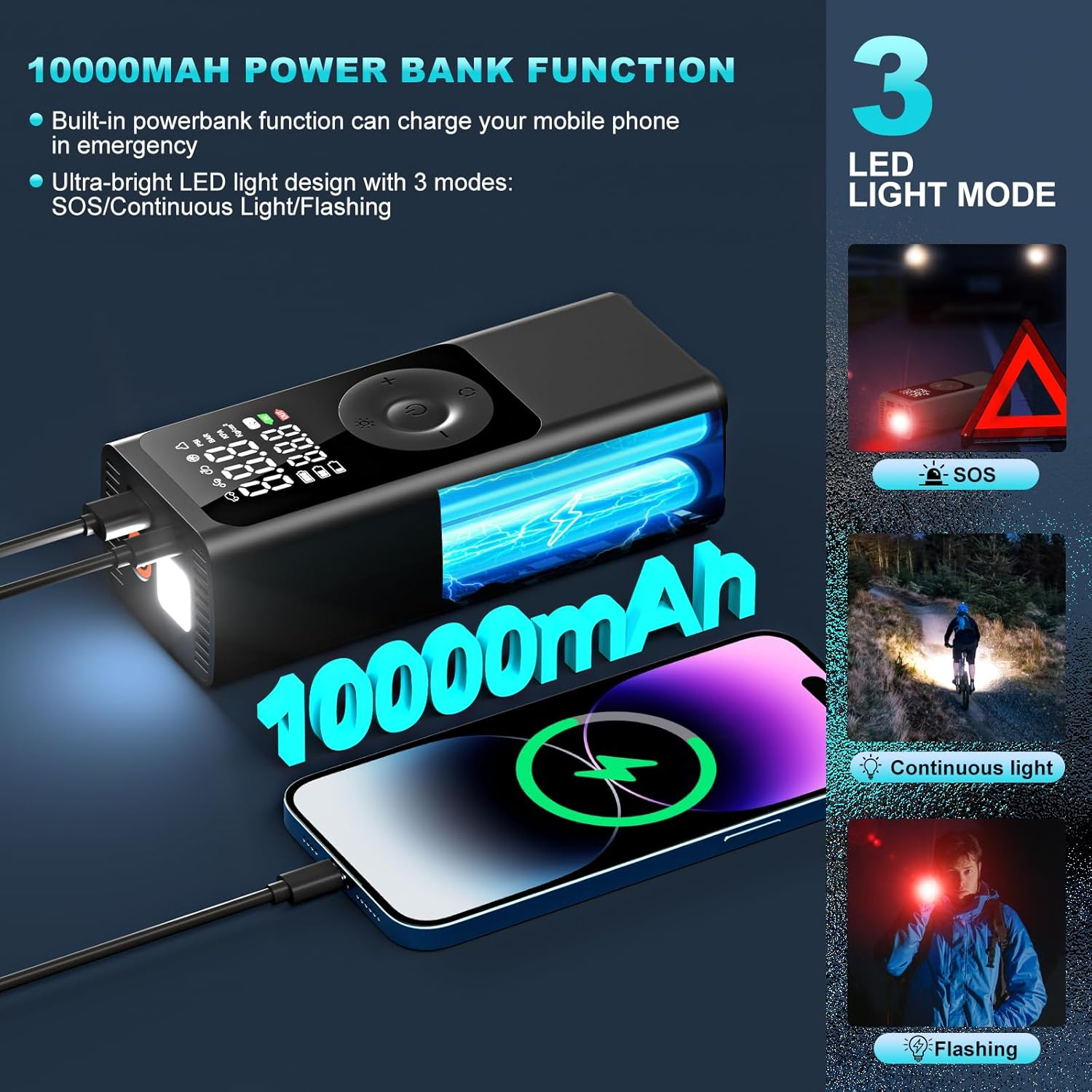 Tyre Inflator Portable Air Compressor Car Tyre Pump, 10000Mah Dual Power Supply 150PSI Tyre Inflator Cordless Digital Dual Values Display Tyre Pump for Car Motorcycle Bike Ball