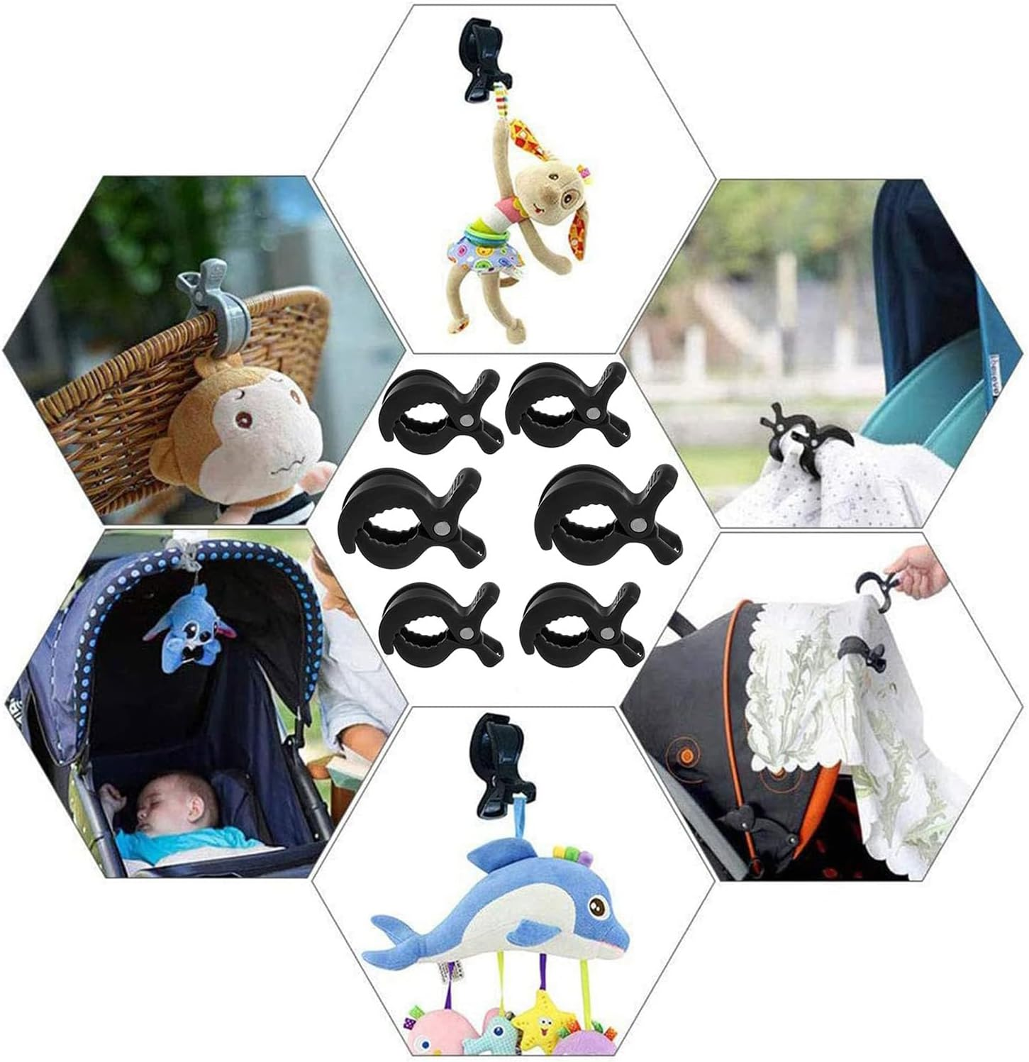 WADY Stroller Pegs to Hook Muslin Sun Shade to Canopy, 6 PCS Car Seat Cover Clips, Nursing Cover, Pram Toy Holder, Plastic Universal Clip, Blanket Clamp, Stroller Clips Buggy Accessory (Black) image number 6