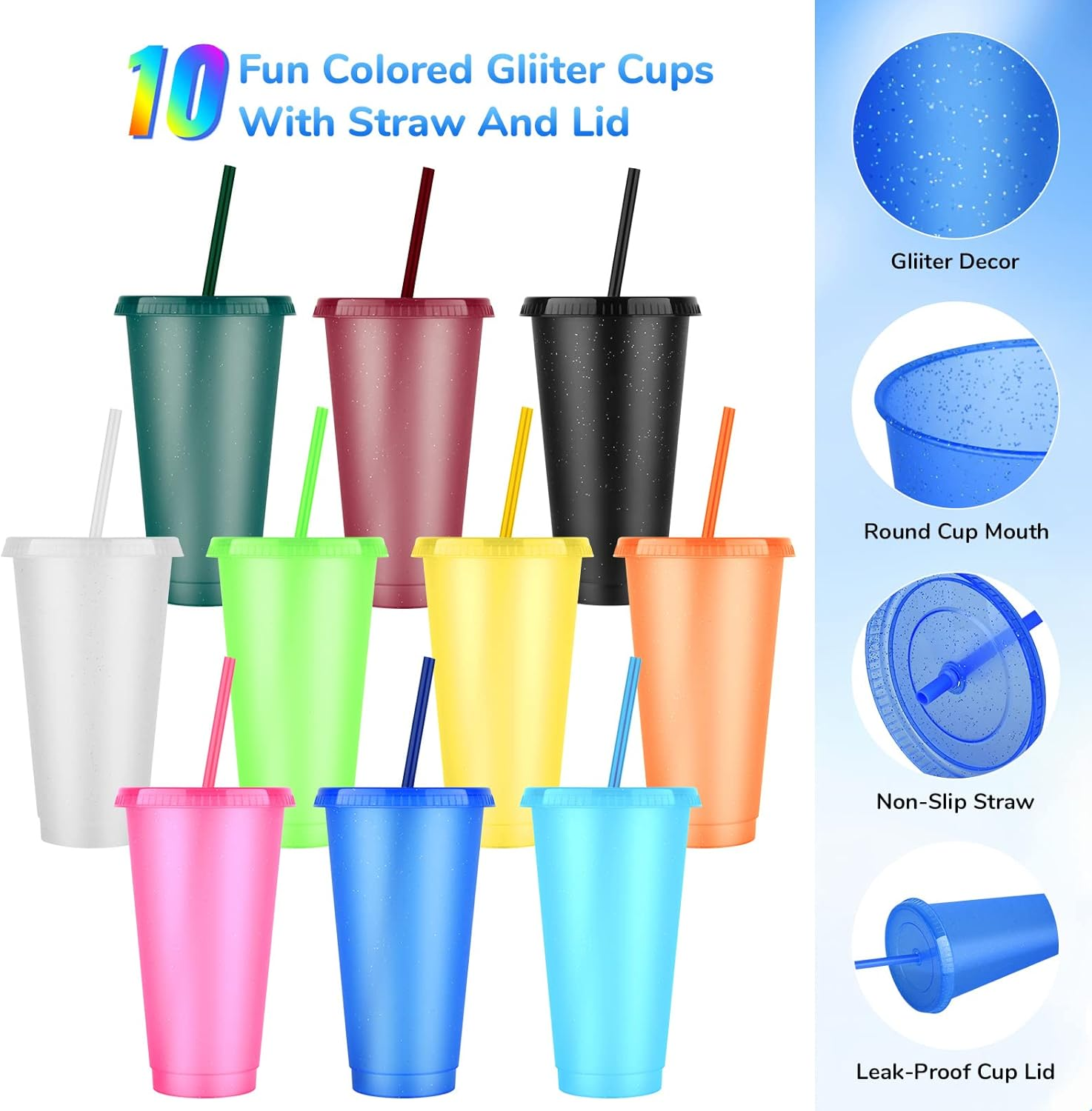 24Oz Reusable Plastic Cups with Straws & Lids:10 Pack Cold Iced Coffee Drinking Cup Colorful Straw Tumblers Bulk - Cute Durable Travel Party Cup for Adults
