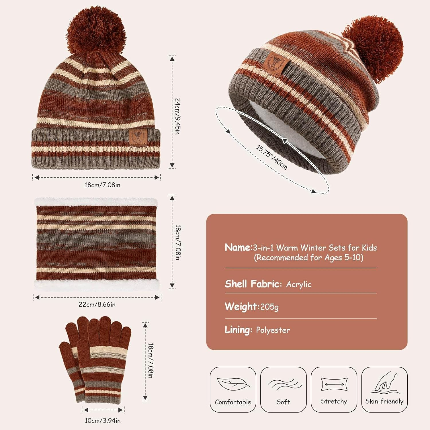 OZERO Kids Toddlers Winter Knit Warm Beanie Hat Scarf Gloves Set for Boys Girls Age 5-10, Knit Cap Neck Warmer Gloves Fleece Lined image number 3