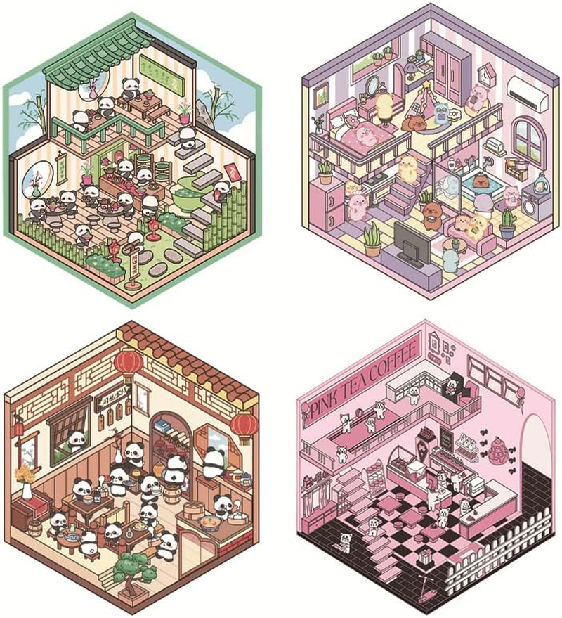 Tuvwxyza DIY 3D Miniaturized Stickers Scene Cabin Landscaping Handcrafted Cute Collage, 3D Cartoon House Stickers, 8 Sets image number 4