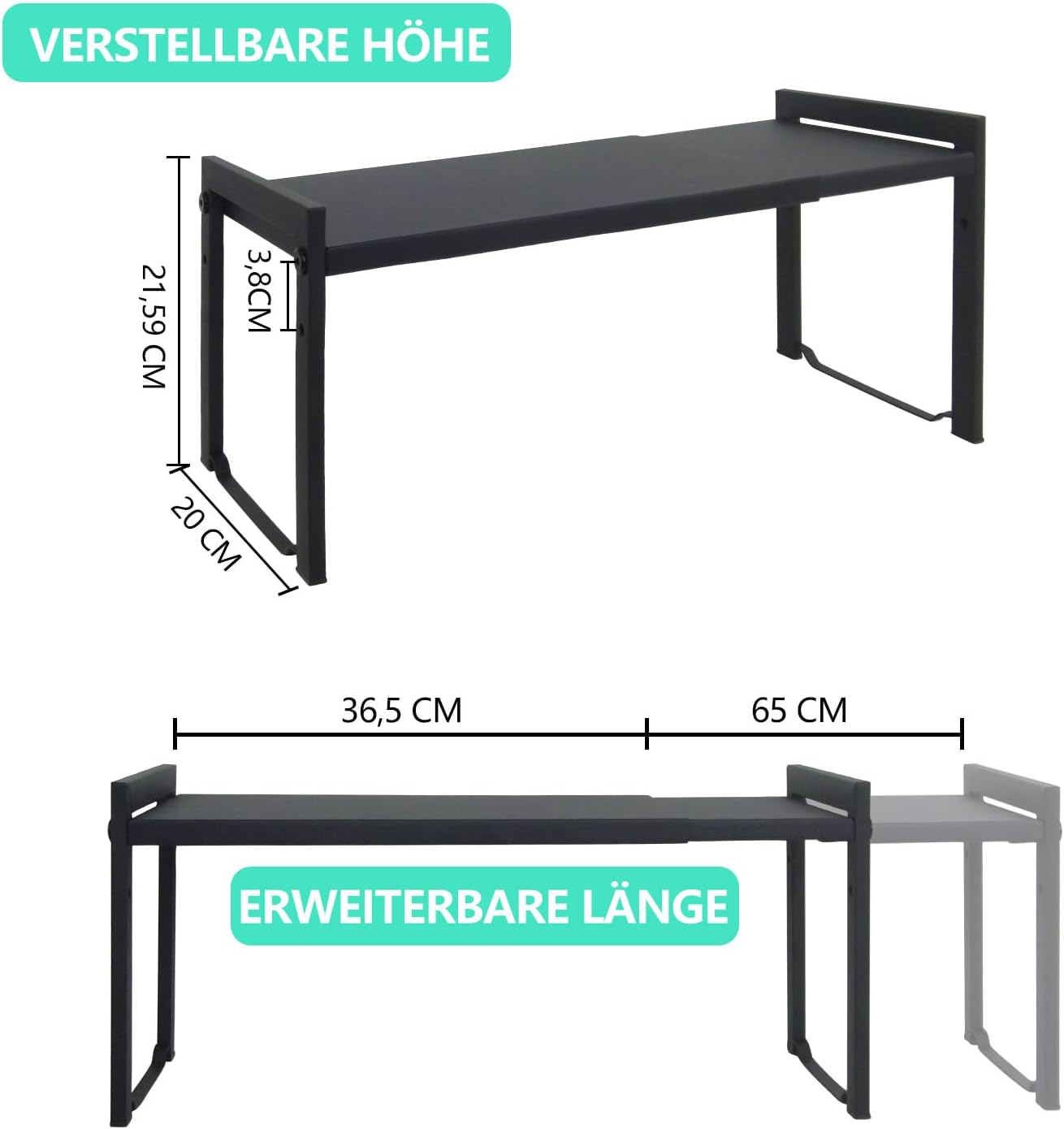 Zenmaarket Expandable Counter Shelf Organiser, 2 Pack, Black M, Minimalist Style, 2 Shelves, Metal, Adjustable & Expandable, 66 Cm (L) X 20 Cm (D) X 18 Cm (H), 20 Kg Capacity image number 1