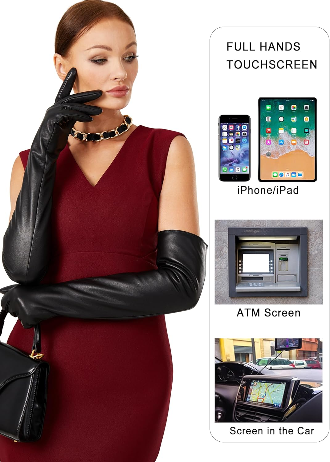 VIKIDEER Warm Soft Long Leather Gloves Women Plush Lined Full Touchscreen Luxury Gloves for Evening Opera Arty Costume 23.6'' image number 3