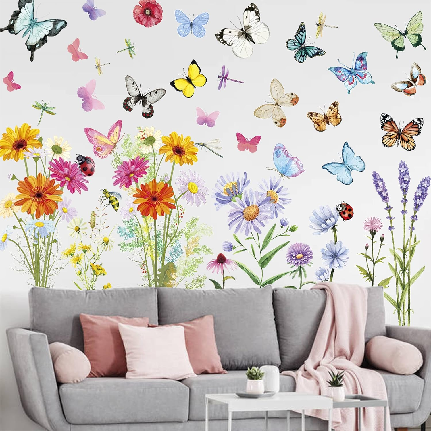 Flower Wall Stickers Colorful Butterfly Wall Stickers Daisy Rainbow Wall Stickers for Girls Bedrooms Living Room Decoration image number 6