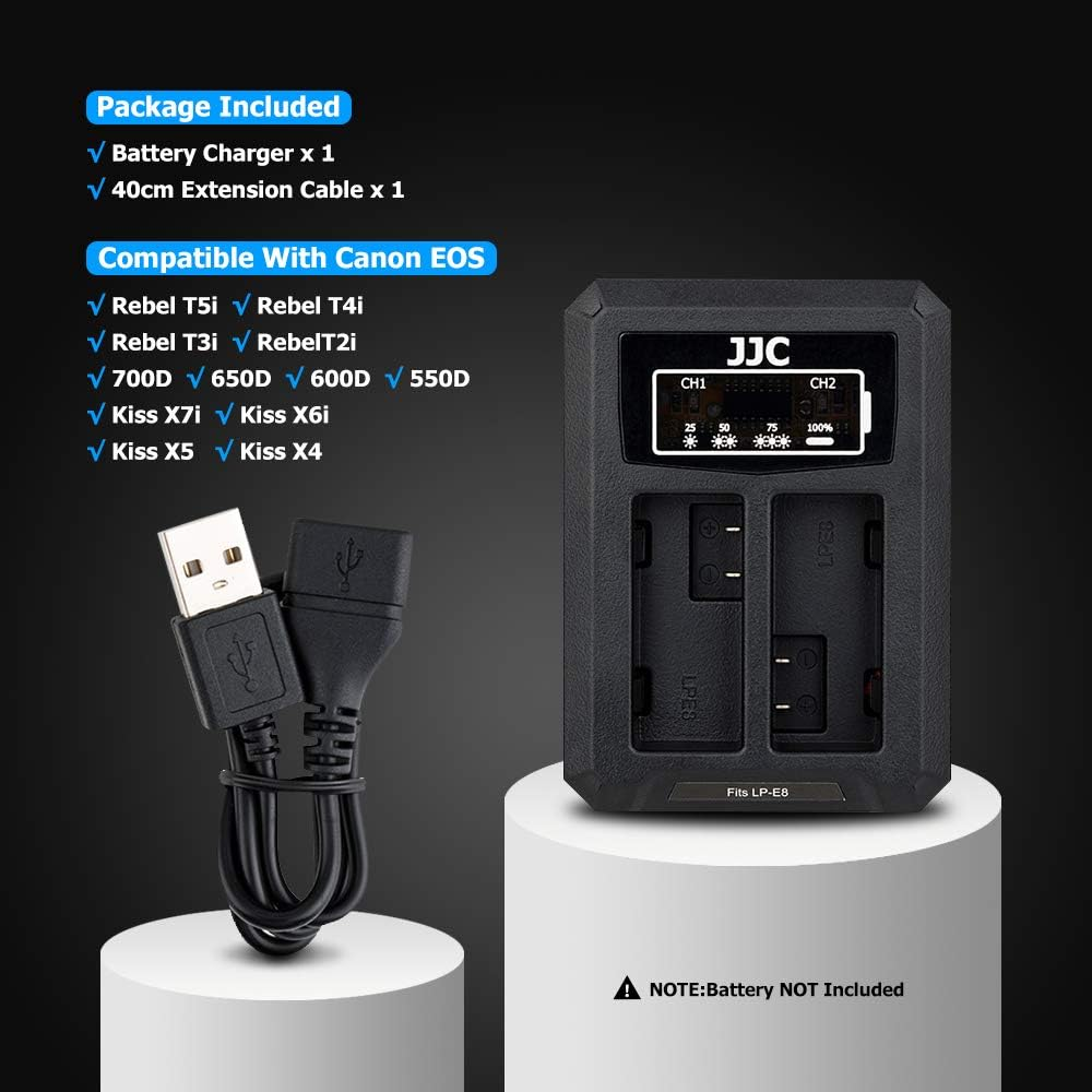 JJC LP-E8 Battery Charger USB Dual Slots for Canon EOS 700D 650D 600D 550D Rebel T5I T4I T3I T2I, Replaces Canon Charger LC-E8C, with 40Cm Extension Cable image number 6