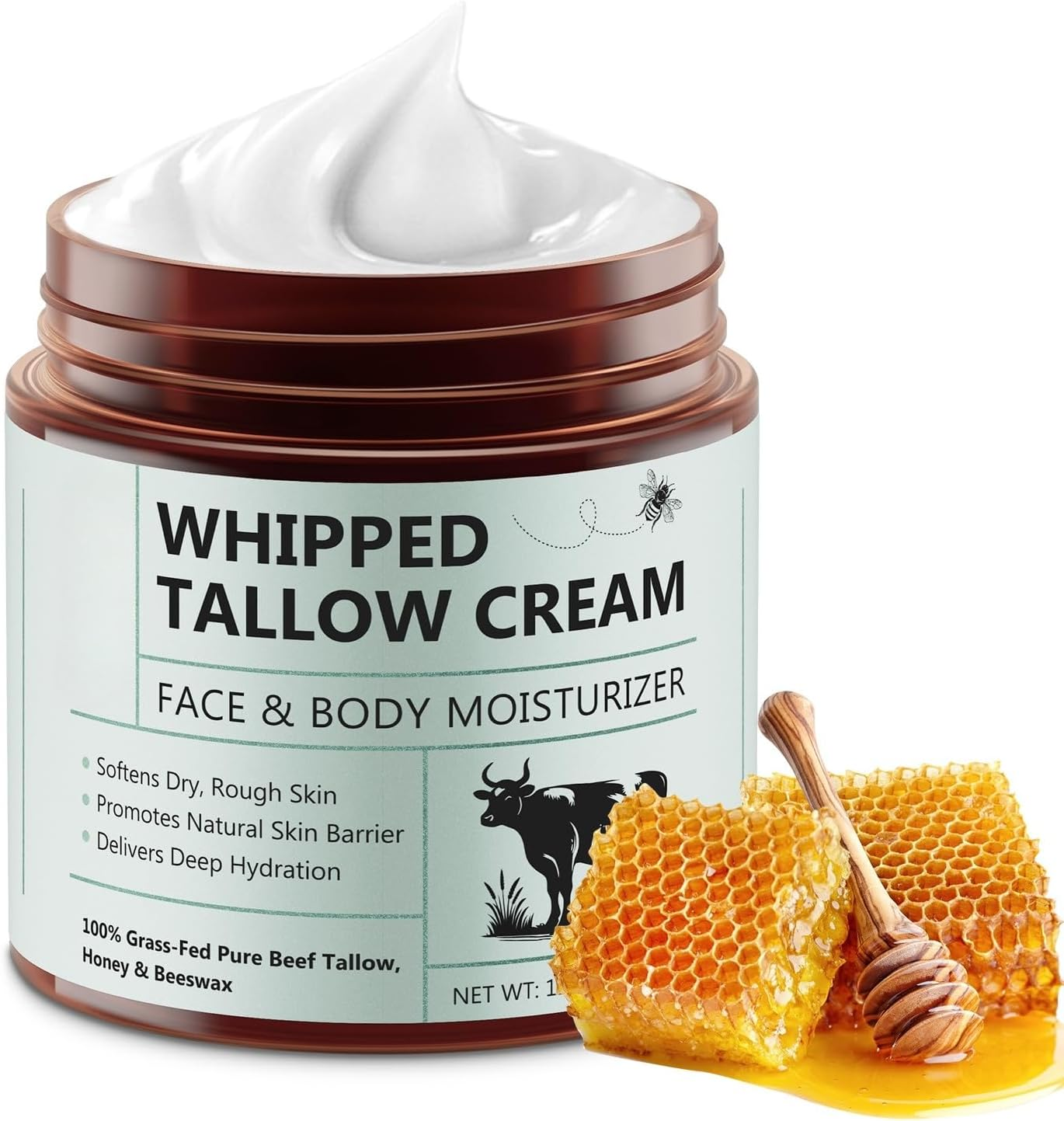Whipped Tallow Cream 120G | Deep Hydration & Nourishment | 100% Grass-Fed Beef Tallow, Honey & Beeswax | Face & Body Moisturizer for Dry, Rough Skin