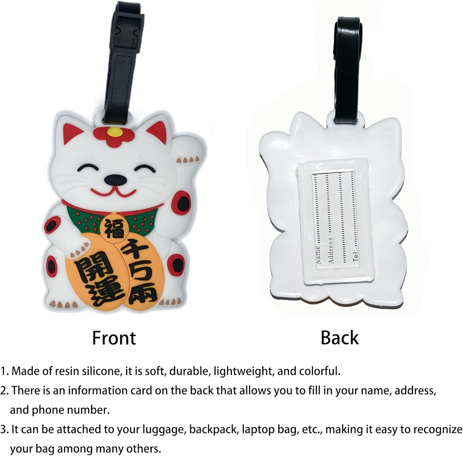 ANINIUCN Maneki Neko Japanese Silicone Luggage Tag &ndash; Cute Lucky Cat ID Label for Suitcases, Backpacks & Travel Bags &ndash; Fun Travel Accessory for Teens & Adults image number 3