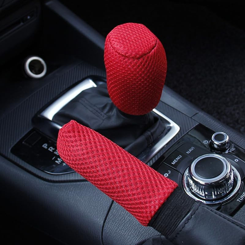 Car Gear Shift Cover + Handbrake Cover,Non-Slip & Breathable Shift Knob Cover Emergency Brake Cover,Universal Car Accessories (Red, One Size) image number 3