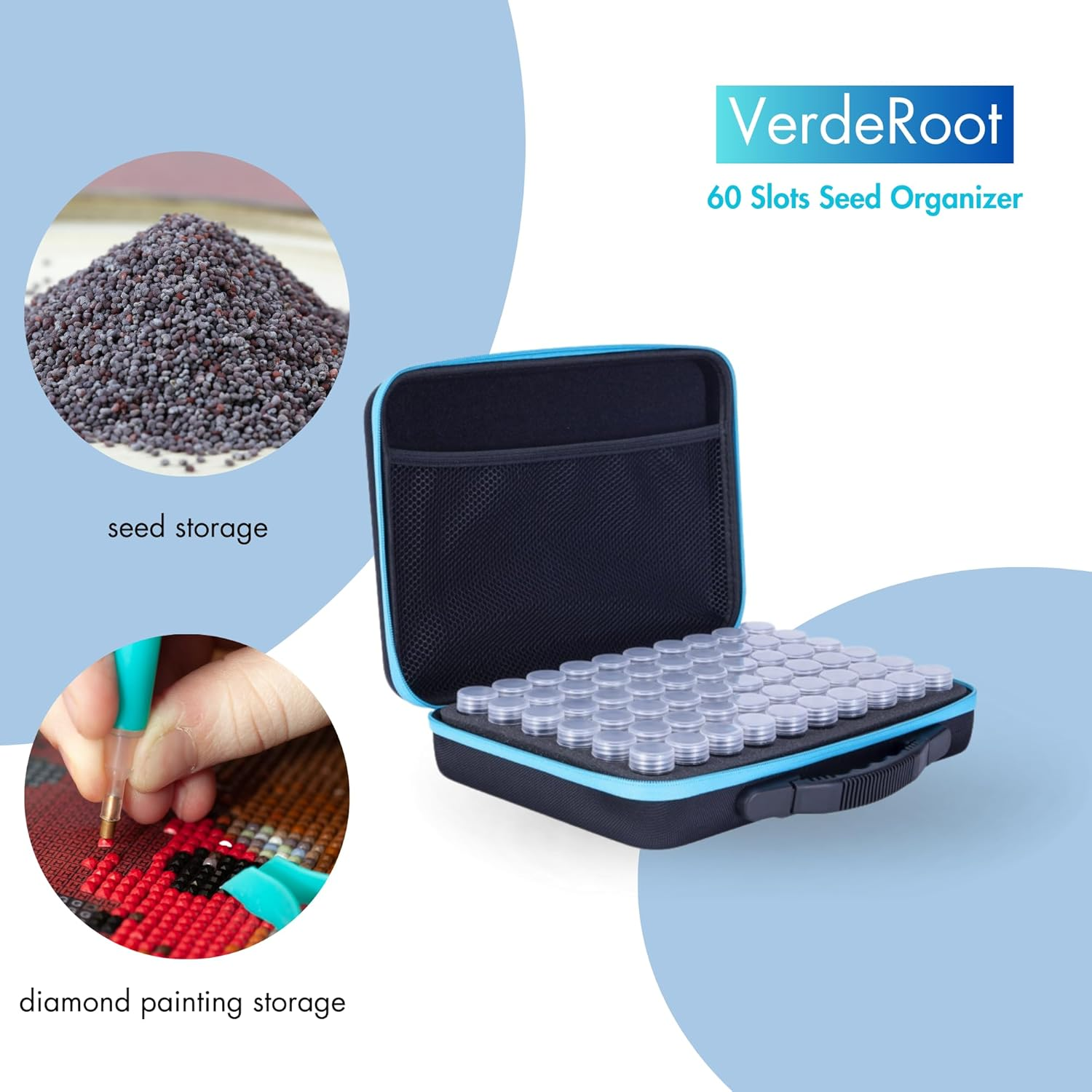 Verderoot 60 Slots Seed Organizer -Diamond Painting, Diamond Painting Accessories, Durable EVA Material, Compartment Storage Box for Seed, Diamond Paintings, with 60 Labels and Funnel (Blue) image number 3