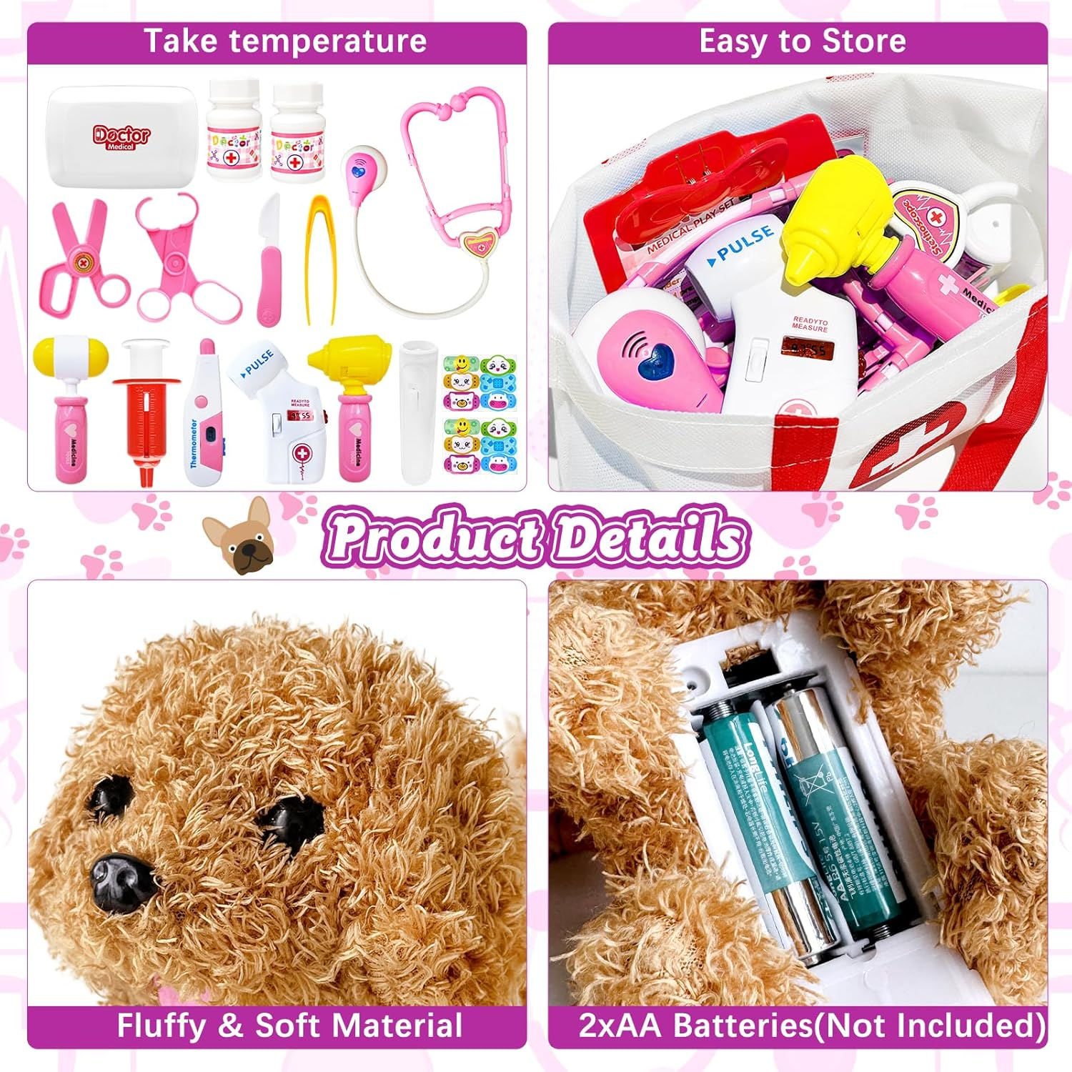 PELOSTA 34PCS Doctor Kit for Toddlers 3-5, Pretend Play Doctor Play Set with Dog Toy, Doctor Costume, Carrying Bag, Stethoscope, Dress up Toys for Girls Aged 3 4 5 6 7 8 (Pink) image number 1