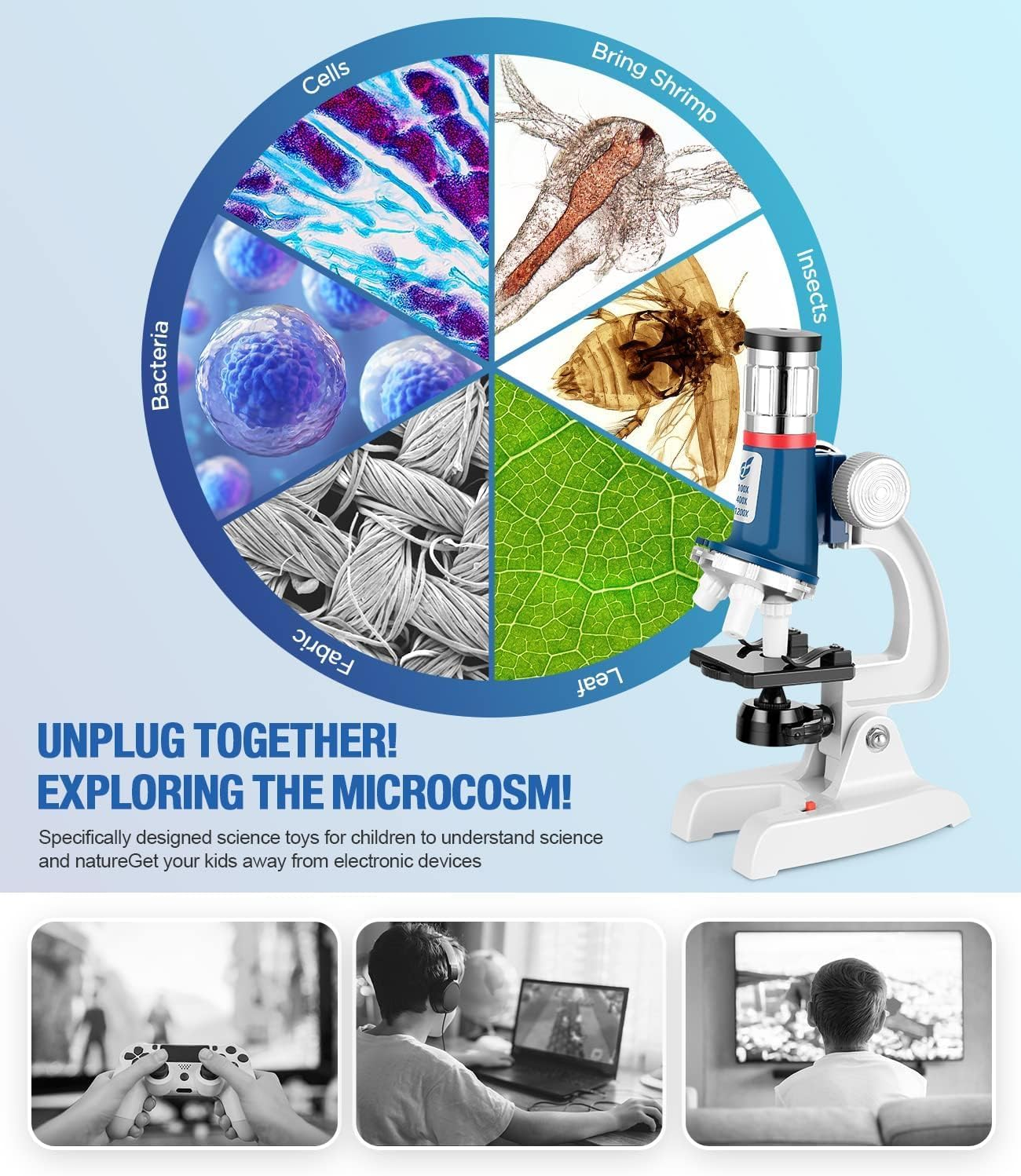 Microscope for Kids, 100X-1200X Microscope, Kids Science Toys with Microscopes Slide Kit, Phone Adapter, Gifts for Kid Boys Girls image number 4