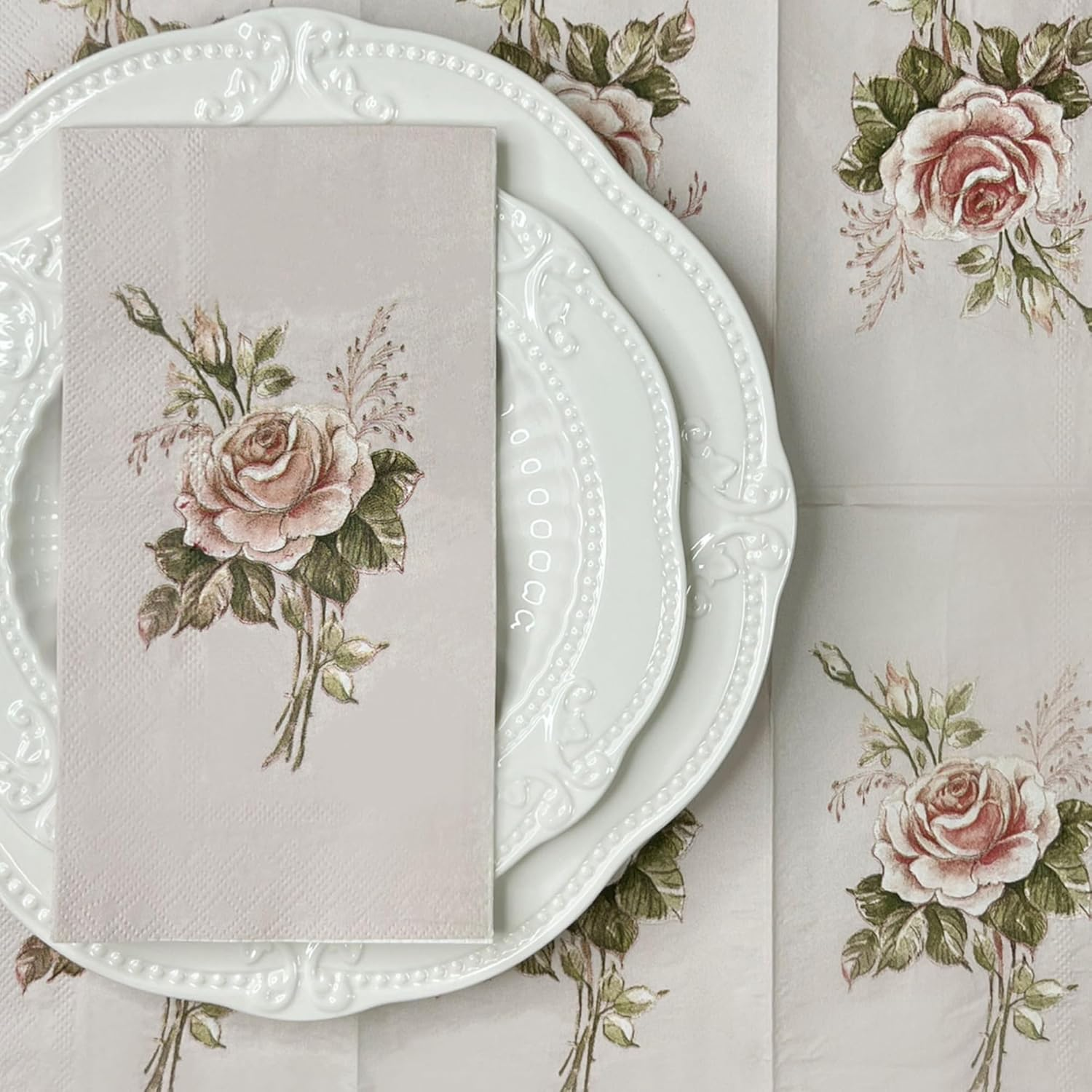 Besalily Vintage Rose Flower Napkins Paper Disposable Decorative Dining Paper Napkins Wedding Party Napkins Cocktail Napkins Paper Napkins Serviettes (25X25Cm) image number 2