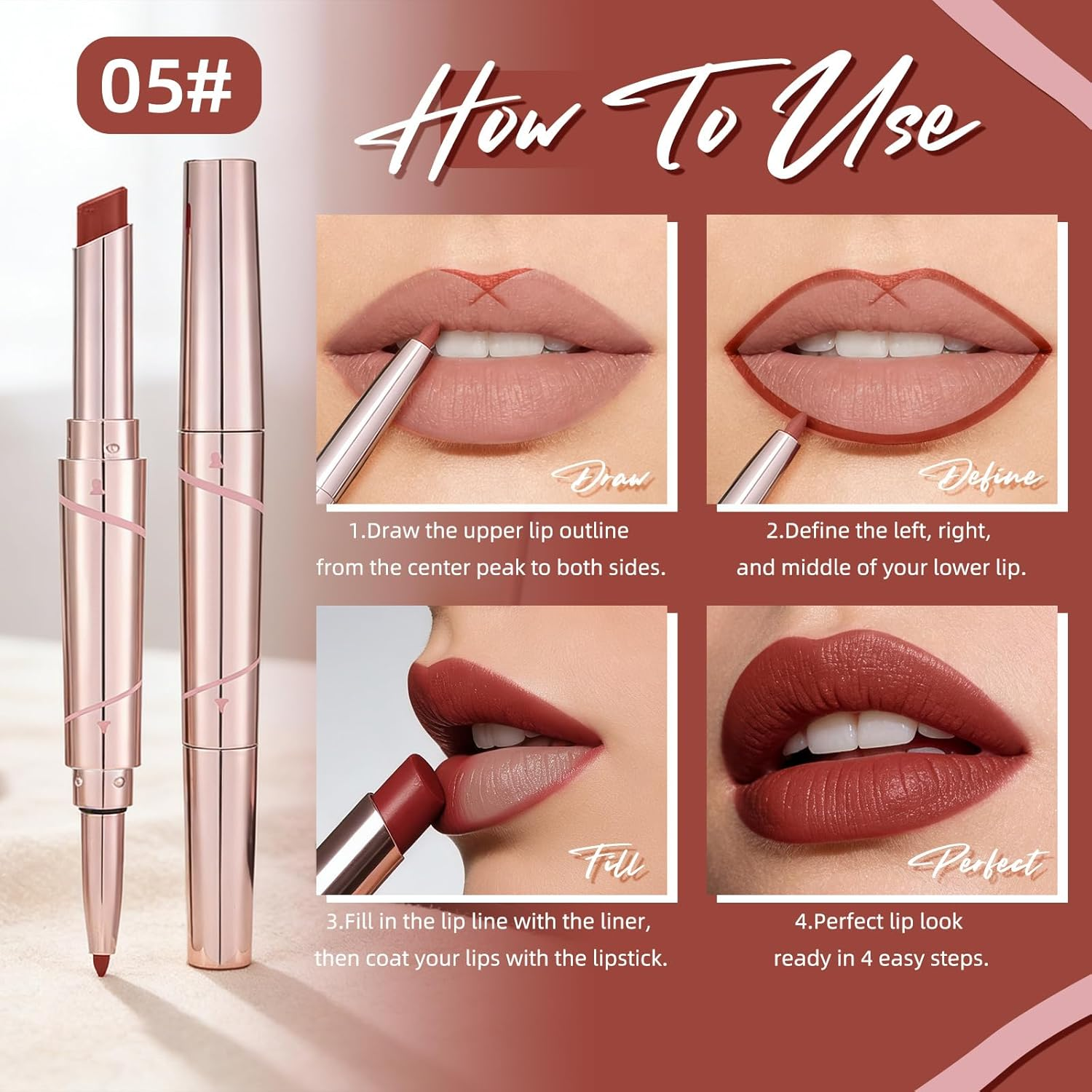 U-Shinein 2-In-1 Matte Lipstick & Lip Liner Double-End Pen, Long Lasting Smudge-Proof Nourishing Velvet Finish Makeup Party & Office for Women 05 - 04 Terracotta Red Brown image number 4