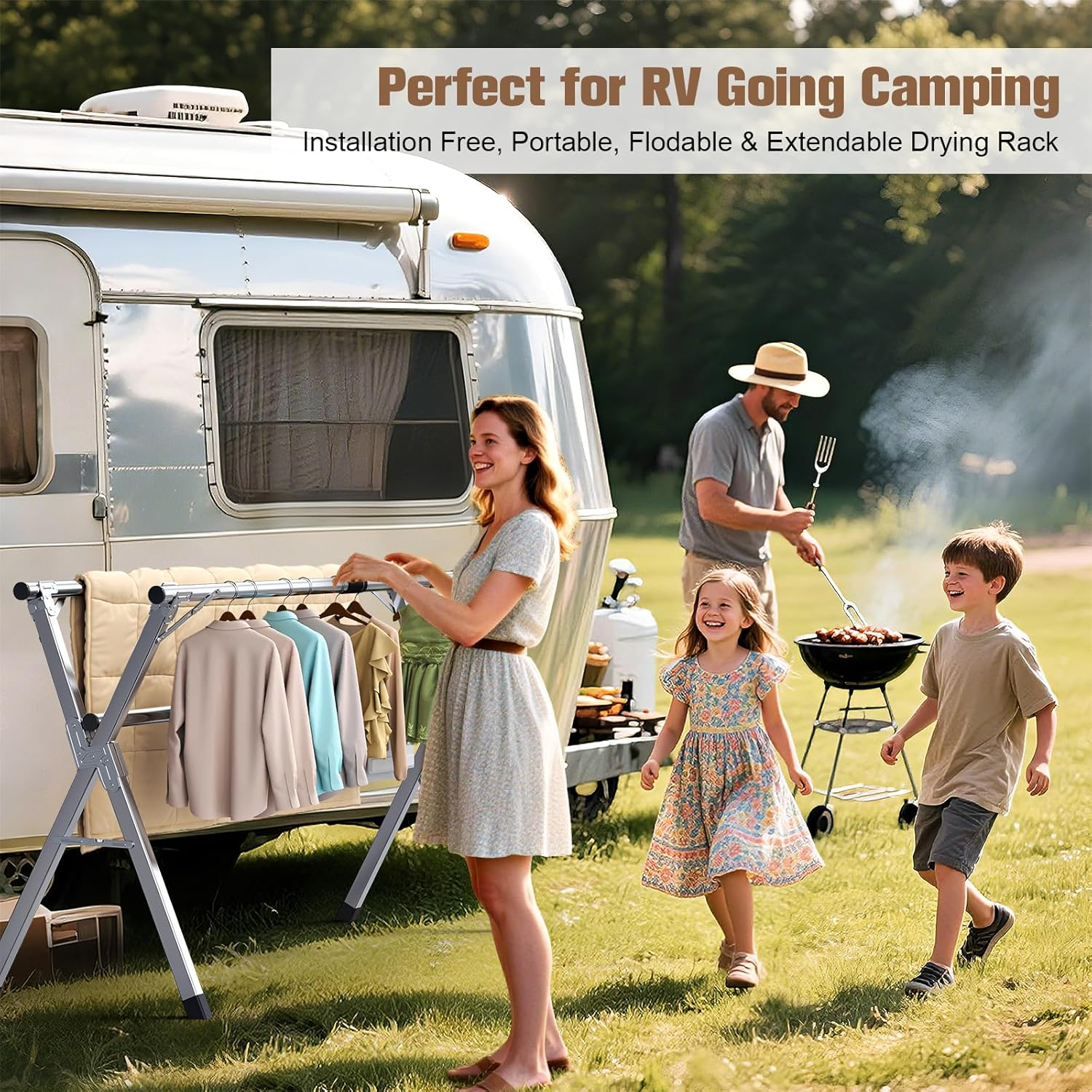 Hormes Clothes Drying Rack, 2.4M Adjustable Clothes Airer Laundry Drying Rack, Foldable Heavy Duty Stainless Steel Clothes Dryer Stand Horse with 20 Windproof Hooks & 12 Clips for Outdoor Indoor Use image number 2