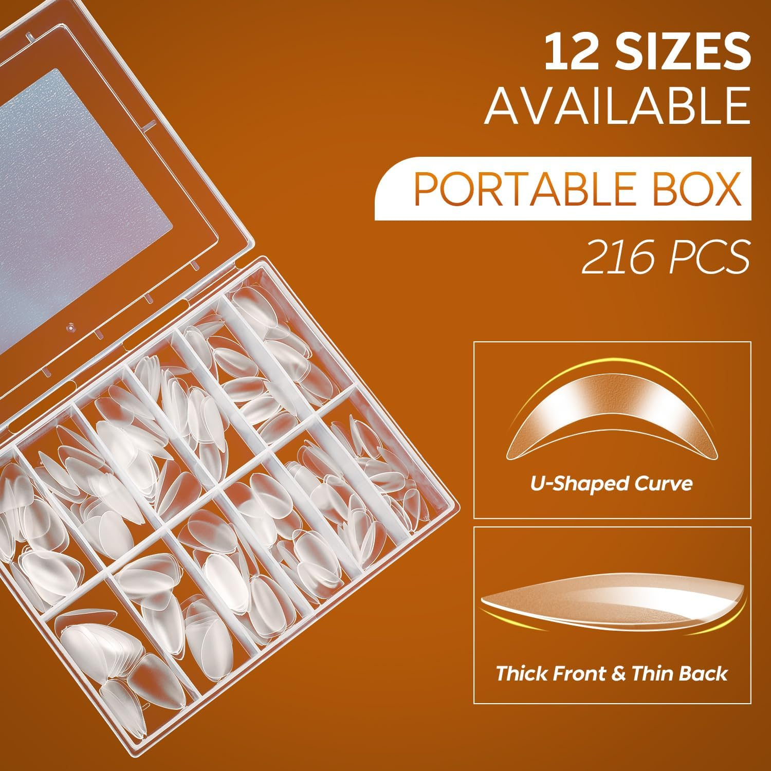 Nicedeco Short Almond Full Cover Nail Tips Press on Nails Clear - False Nails Soft Gel Tips 12 Sizes 216 Pieces - 008 - Npon009 image number 3