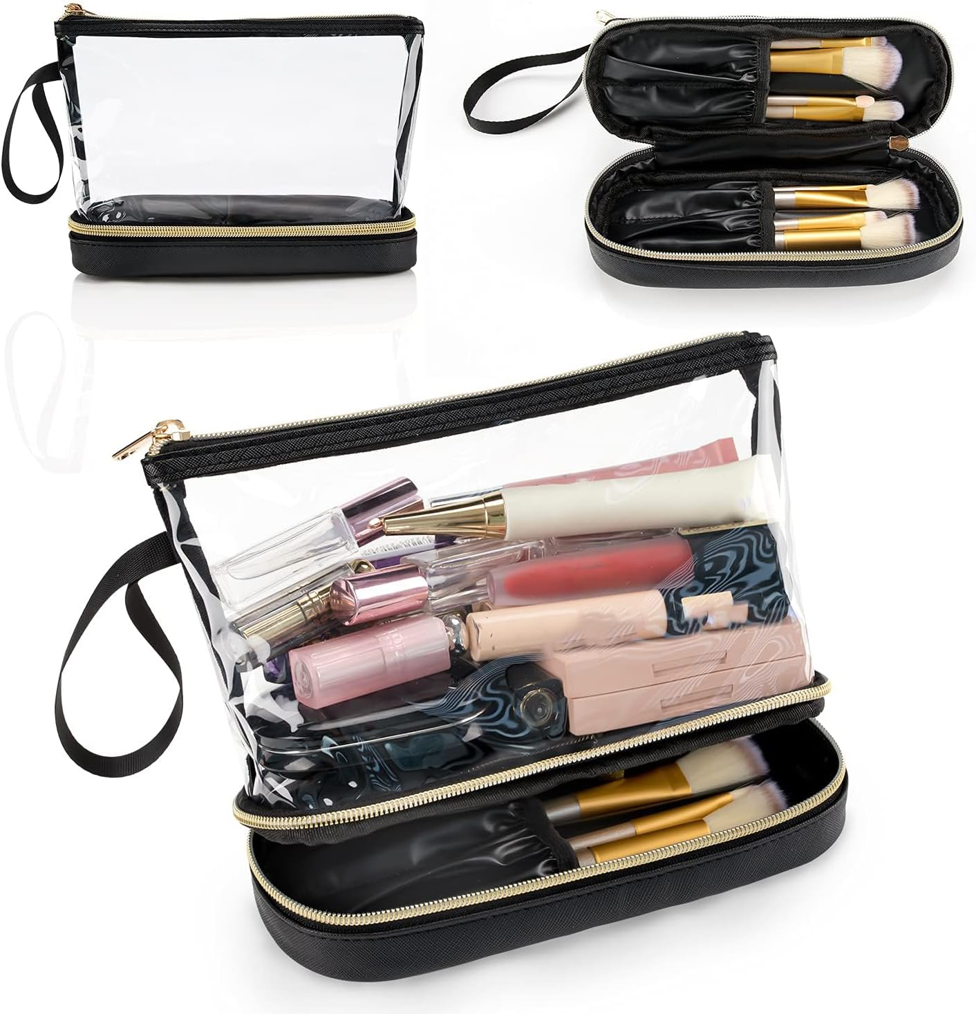 FACAICAI Travel Makeup Bag, Clear Cosmetic Bag Make up Organizer TSA Approved Toiletry Bag, Waterproof Pouch for Women Purse for Toiletries Accessories Brushes (Black)