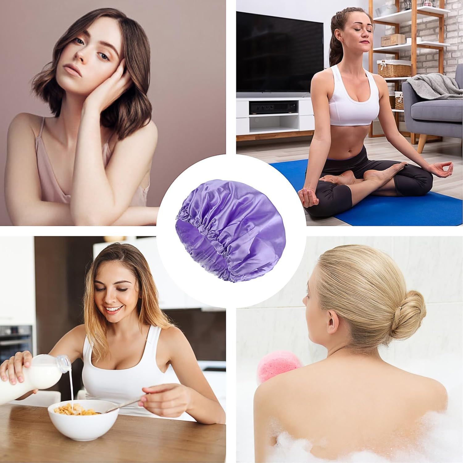 Prasacco Large Shower Caps for Women, Waterproof Shower Cap Double Layers Bath Caps Reusable Hair Cap Washable Elastic Shower Bonnet Bath Hair Hat for Long Hair Braids image number 3