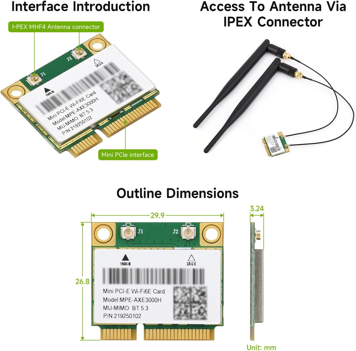 Waveshare Wire-Less MINIPCIE AX210 NIC, Compatible with Linux, Windows 10/11, Gigabit Tri-Band Wi-Fi 6E, 802.11AX Standard, Blue-T 5.3
