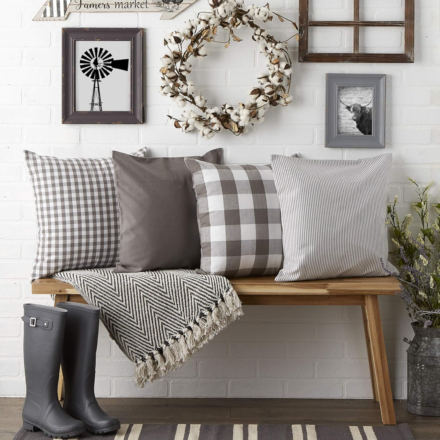 DII Decorative Square Throw Pillow Cover Collection Cotton, Machine Washable, Hidden Zipper, 18X18, Gray Assorted, 4 Piece - Black Assorted image number 2