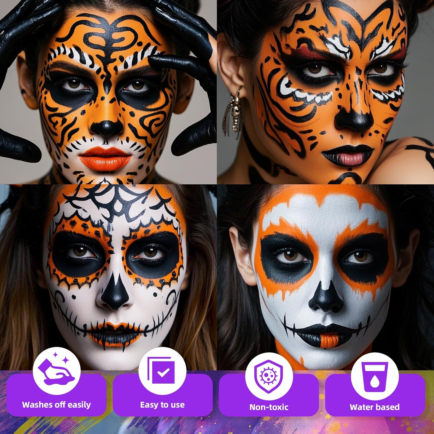 YBUETE Orange Face Body Paint Set, Professional Paint Set for Halloween Cosplay Costume Party, Full-Coverage Multi-Color Cream Makeup Blendable Set for Adults Halloween Cosplay SFX Makeup Paint - Black image number 7