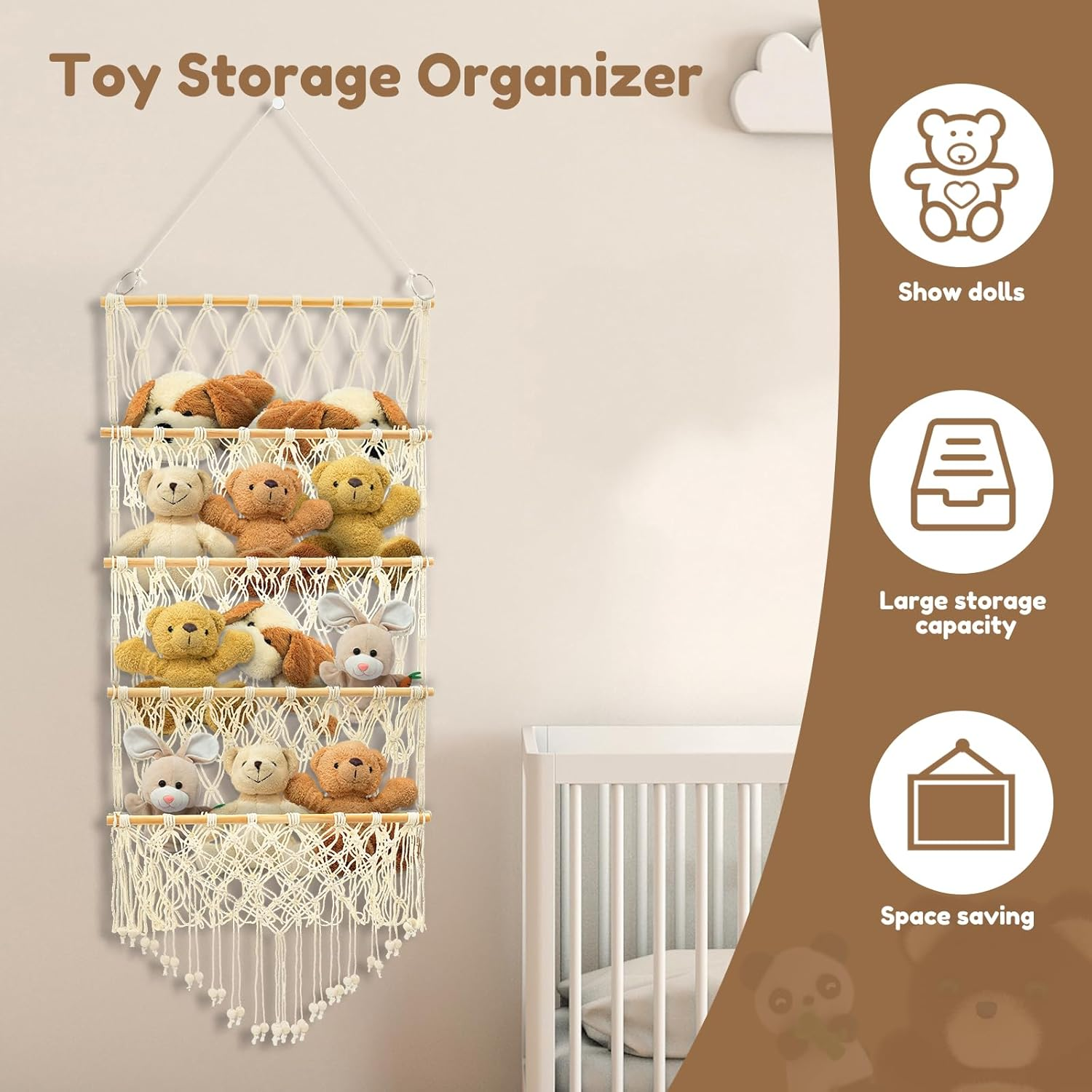 4-Layer Corner Stuffy Organizer for Kids - Nursery Hanging Storage for Toys, Large Stuffed Animals, Space-Saving, Large-Capacity Plush Toy Holder (Beige)