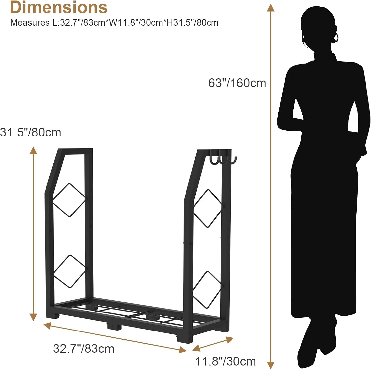 Firewood Rack for Outdoor, Firewood Holder with 3 Hanging Hooks, Heavy Duty Wood Rack for Indoor Outdoor Patio, Black image number 4