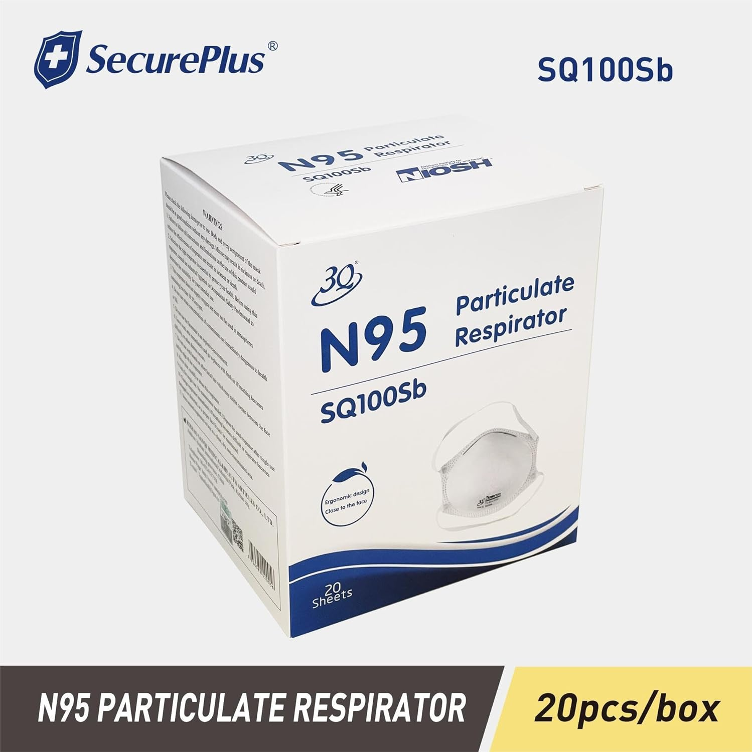 SECURE plus 20 PCS N95 Mask Breathable Filtration Efficiency &ge; 95% Particulate Respirator Dustproof Disposable Mask anti PM2.5 image number 2