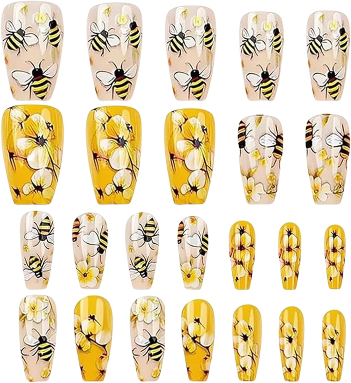 Nail Stickers | Medium Length Artificial Nails - Accessories for Art Manicure, 24 Artificial Nails Bees and Flowers for Women and Girls image number 6