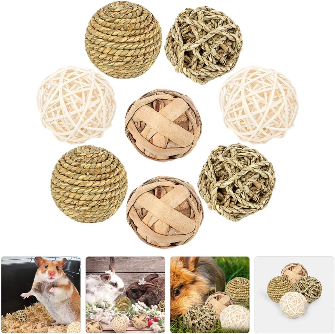BATHVEVE 8Pcs Natural Woven Hamster Chew for Dental Health Small Pet Treats for Rabbits Guinea Pigs Rats Parrots Squirrels Agility Enhancing Play Balls