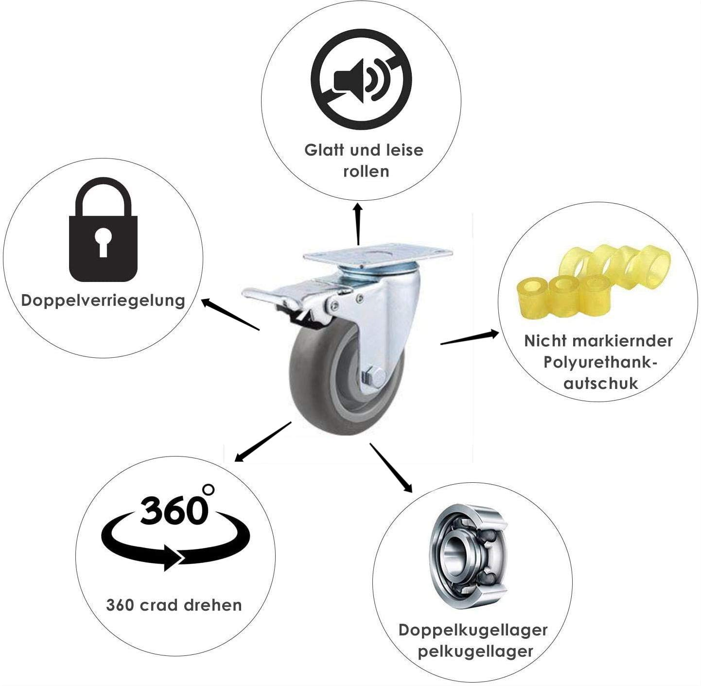 Lehom 4 Inch Swivel Rubber Caster Wheels Heavy Duty Castors with 360 Degree Rubber Base Top Plate Set of 4 (2 with Brakes & 2 Without), Grey image number 1