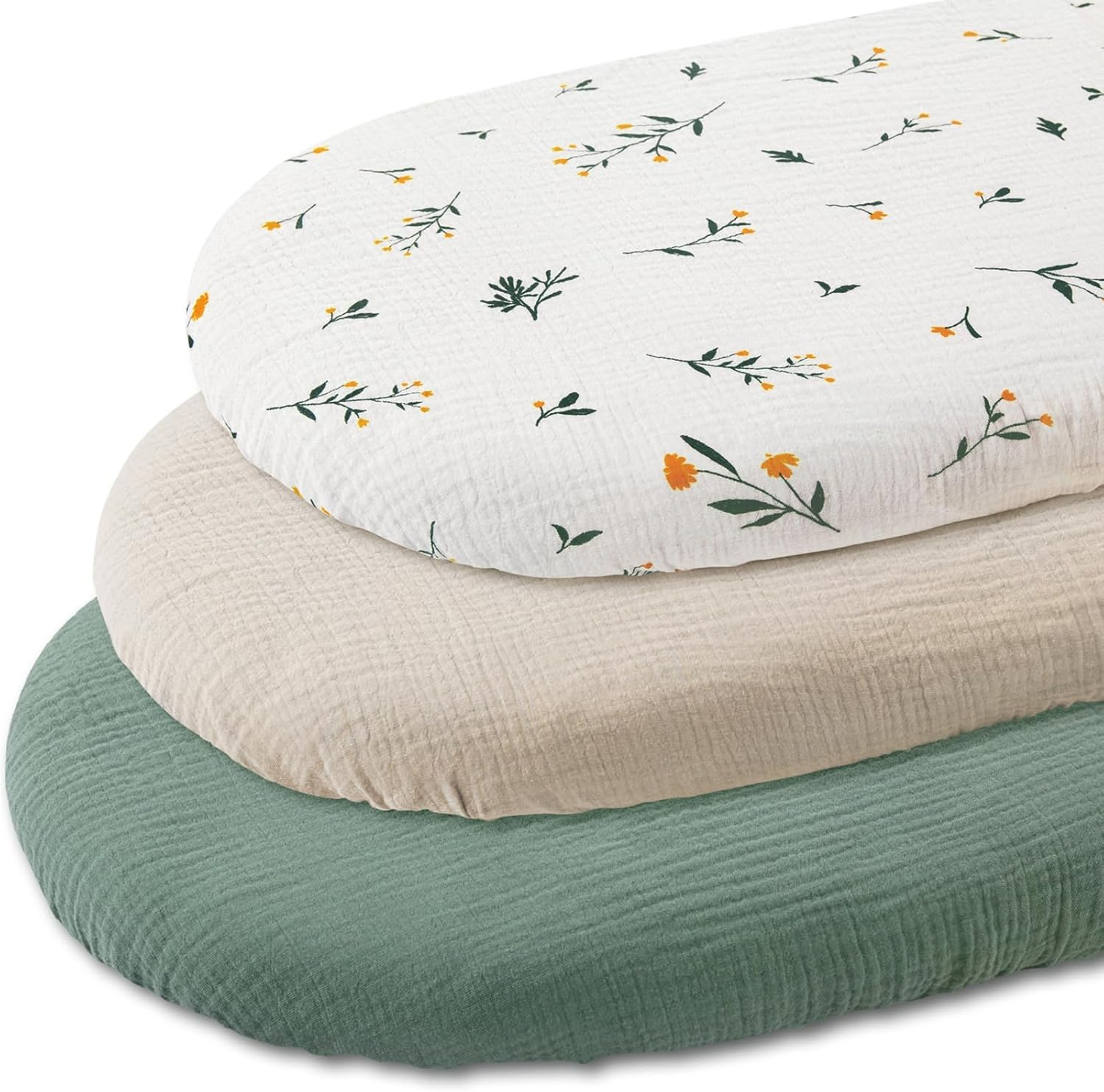 Muslin Bassinet Fitted Sheets, 3 Pack for Baby Boy and Girl, Soft Breathable Stretchy Baby Pad/Mattress Sheet Set, Universal Fit for Hourglass Oval and Rectangle Bassinet Mattress image number 2