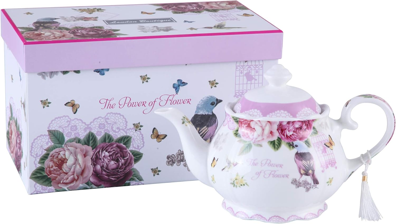 London Boutique Porcelain Teapot Sugar Bowl and Cream Milk Jug Shabby Chic Vintage Floral in Gift Box 40Oz (Teapot Rose Pink) - Cream  Sugar Set Bird Rose Butterfly image number 7
