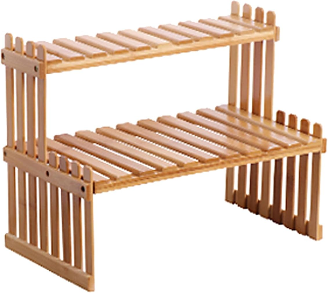 Countertop Bamboo Plant Shelf Bamboo Flower Pot Stand Balcony Flower Rack Cabinet Organizer Multi-Function DIY Desktop Storage Rack for Living Room Bedroom Kids Room 37Cm&2 Layers