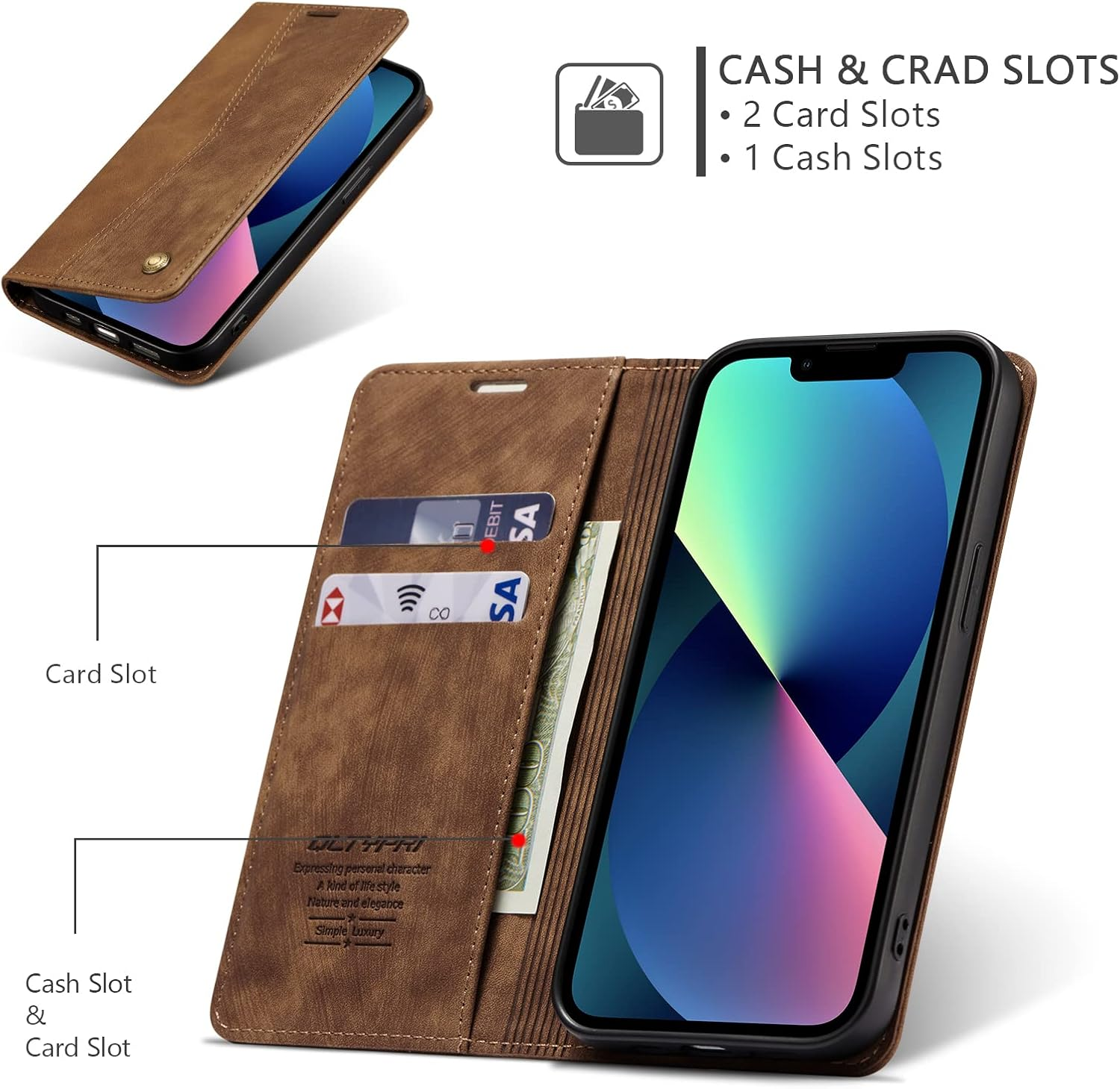 QLTYPRI Wallet Case for Iphone 14 6.1 Inch, Vintage Folio PU Leather Case with Card Slots Magnetic Closure Kickstand Flip Crashproof Phone Cover for Iphone 14 -Brown image number 4