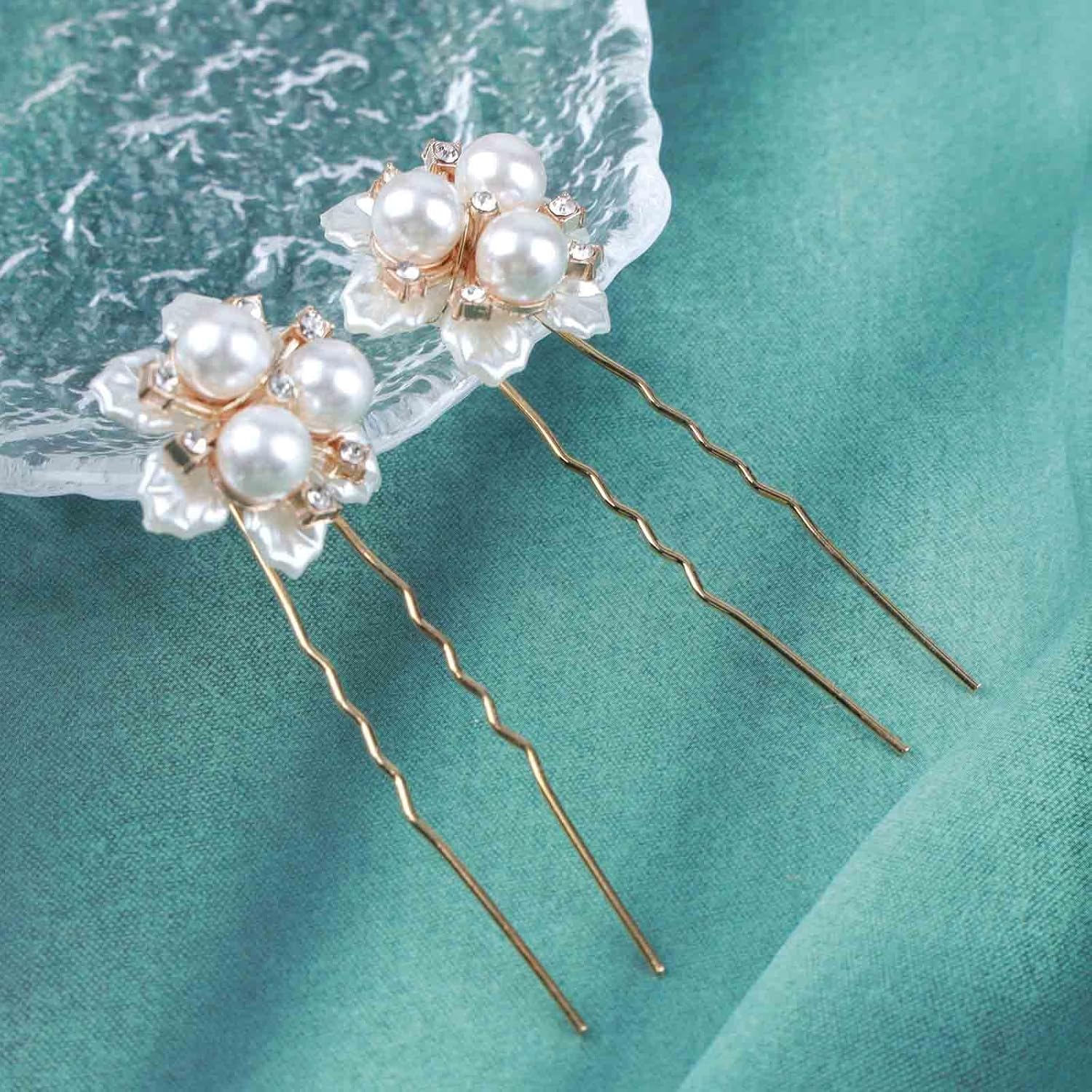 Yheakne Pearl Crystal Wedding Hair Pins Gold Flower Pearl Hair Pins Barrette Vintage Hair Clip Pins Decorative Bobby Pin Boho Hair Clip Bridal Hair Accessories for Women and Girls 2 Pieces (With Pearl) image number 6
