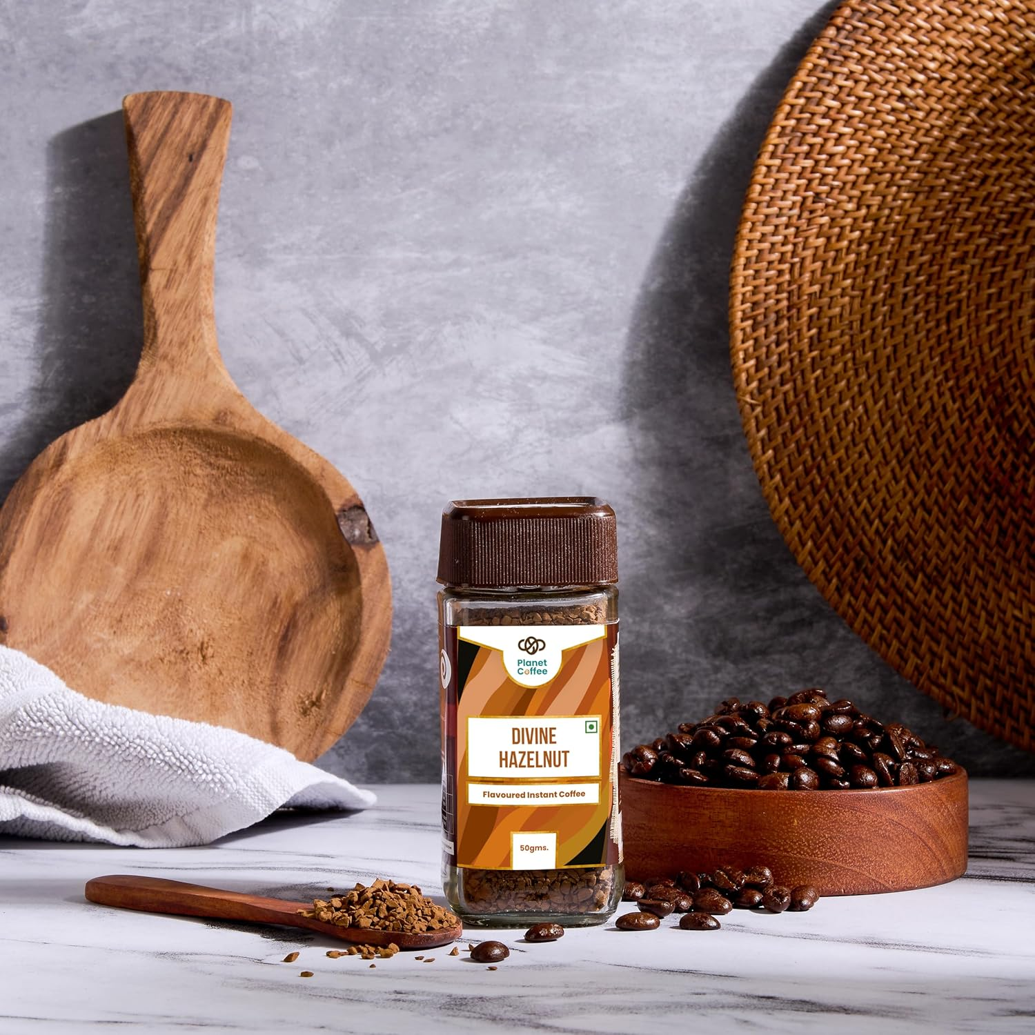 Planet Coffee&reg; | DIVINE Hazelnut | 1.76 Ounces (50 Gms) Jar | Pure Arabica | Freeze-Dried Instant | No Added Sugar | Makes 25 Cups | Medium Roast | Flavoured image number 1