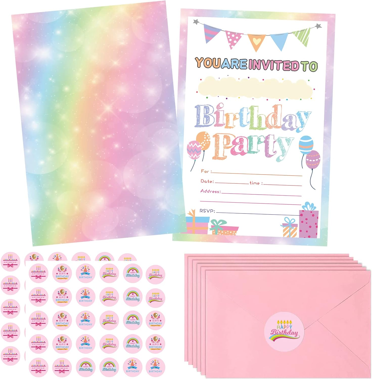 30 Pack Birthday Party Invitations for Girls with Envelopes and Sticker, Cute Birthday Party Invitations Cards for Kids, Party Decorations Supplies for Baby Shower Birthday Party image number 3