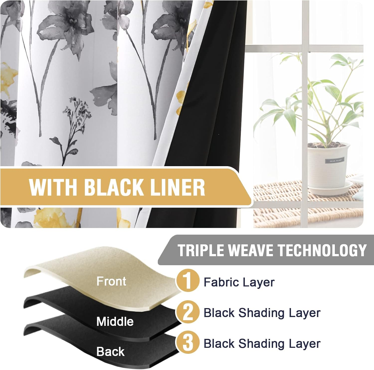 Princedeco 100% Blackout Curtains 2 Panels Set Cattleya Floral Printed Drapes Leah Floral Thermal Curtains for Bedroom with Black Liner Sound Proof Curtains,Grey and Yellow W132Cm X D213Cm image number 4