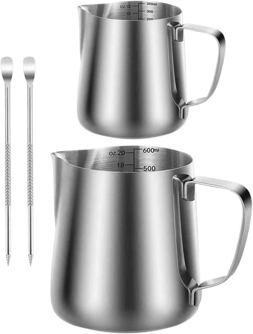 SEWACC Stainless Steel Coffee Frothing Jug Set 350Ml 600Ml Milk Frother Pitchers with Spout Handle and Latte Art Pen for Espresso and Cappuccino Brewing image number 3