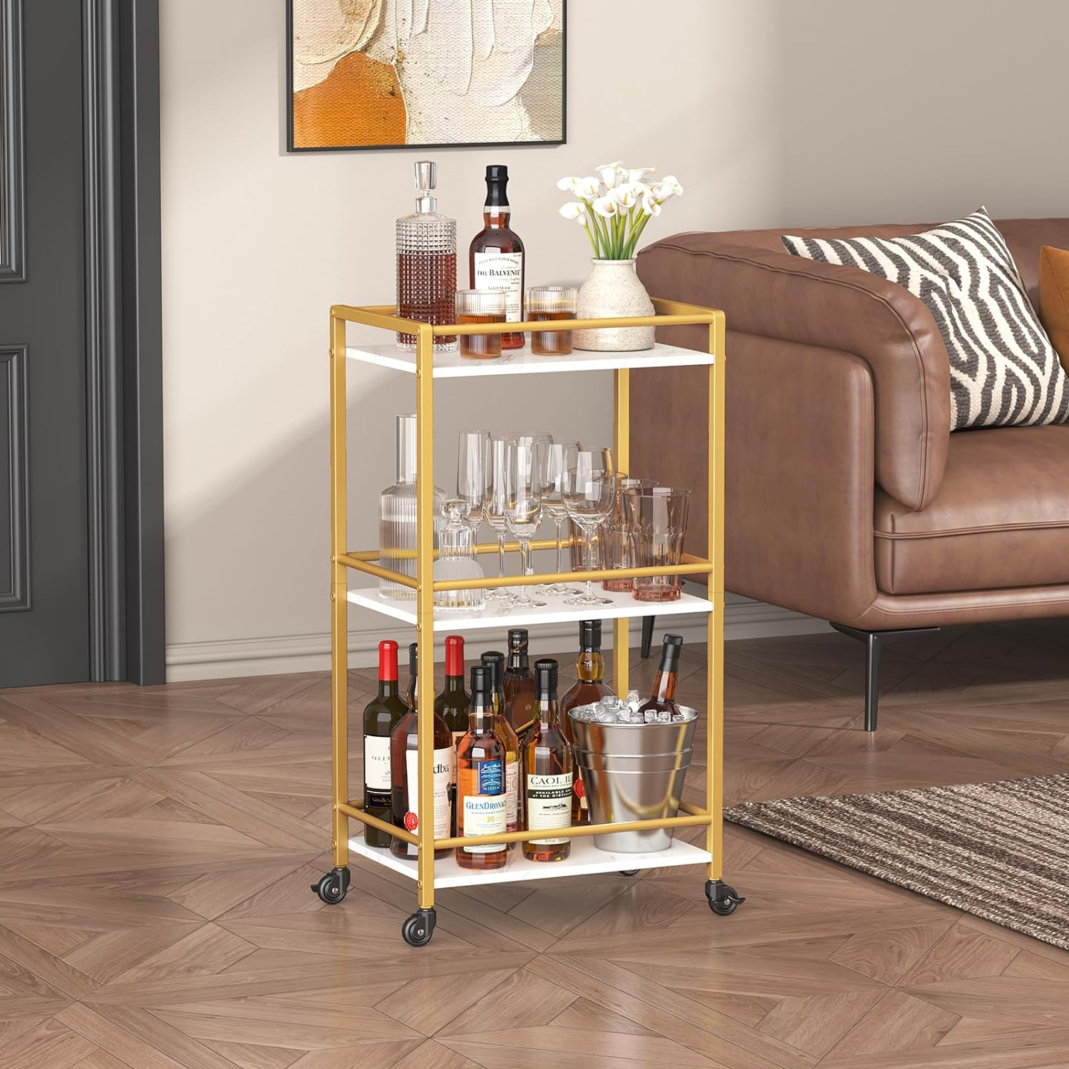 Lifewit Bar Cart for the Home, 3 Tier Small Rolling Wine Cart, Drink Serving Cart with Lockable Wheels, Mini Liquor Utility Cart for Kitchen Dining Living Room, 17" X 11.8" X 32.1", Gold