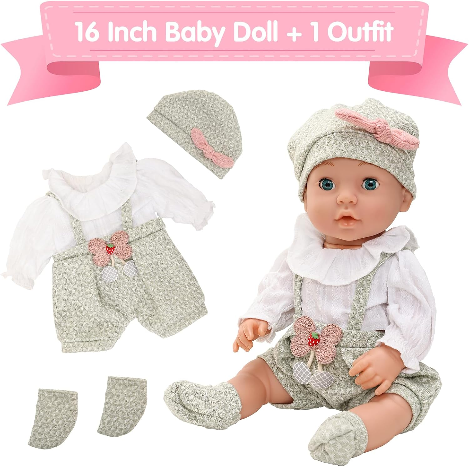 16 Inch Baby Doll with Outfit Feeding Set Realistic Lifelike Born Baby Doll Cute Baby Doll Soft Body Silicone Rebirth Baby Doll with Clothes Feeding Set Bottle Doll Pacifier Accessories for Toddlers