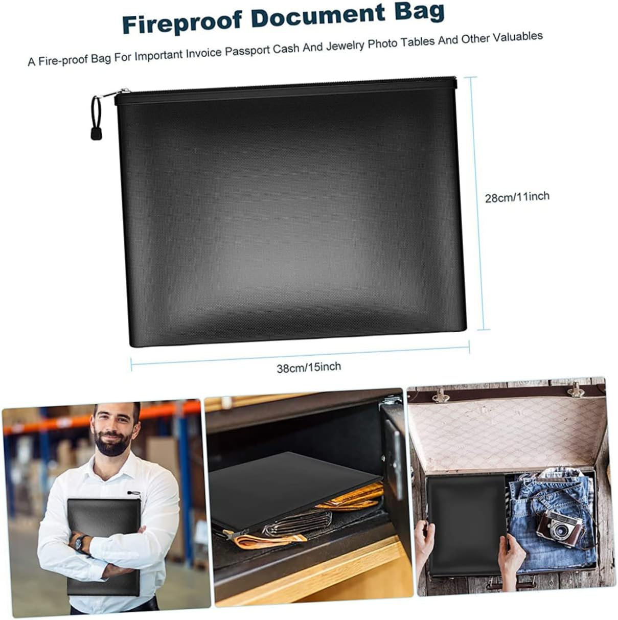 BUTIFULSIC Fireproof Waterproof Money Bag 29X20.5Cm Document Holder Zippered Important Document Storage for Home Office image number 5