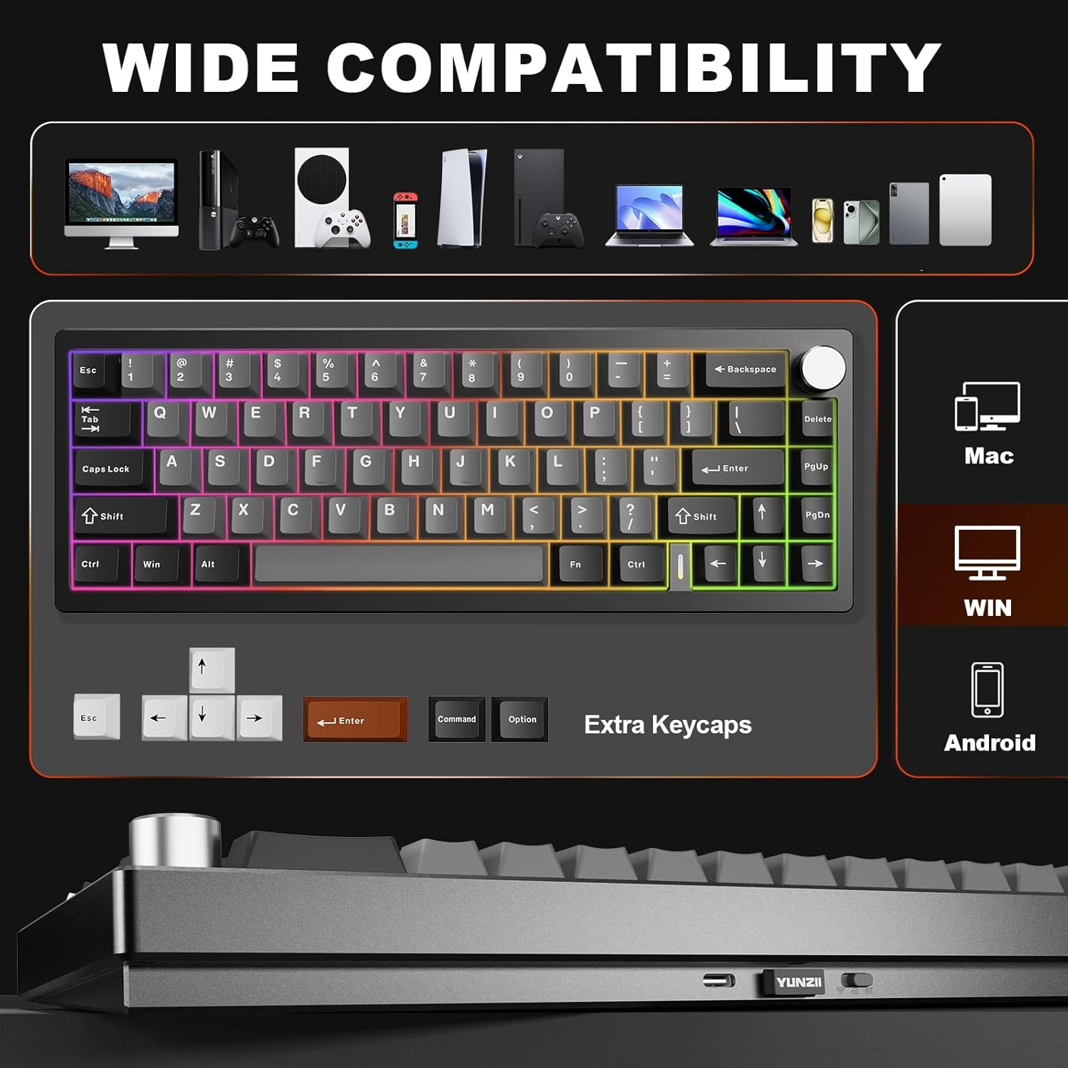 YUNZII AL68 Wireless Mechanical Keyboard 60%,QMK/VIA Aluminum Keyboard,Hot Swappable Custom Keyboard with Knob,Gasket Structure,Rgb Gaming Keyboard for Mac/Win/Linux (Black, Cocoa Cream V2 Switch) image number 3