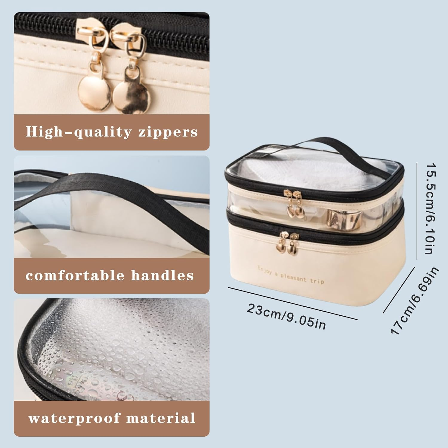 SUSOO 2 in 1 Large Toiletry Bag and Makeup Bag,Portable Double Layer Leather Organizer with Adjustable Dividers and Brush Organize Area for Travel,Skincare Travel Cosmetic Bags for Men&Women(Beige image number 2